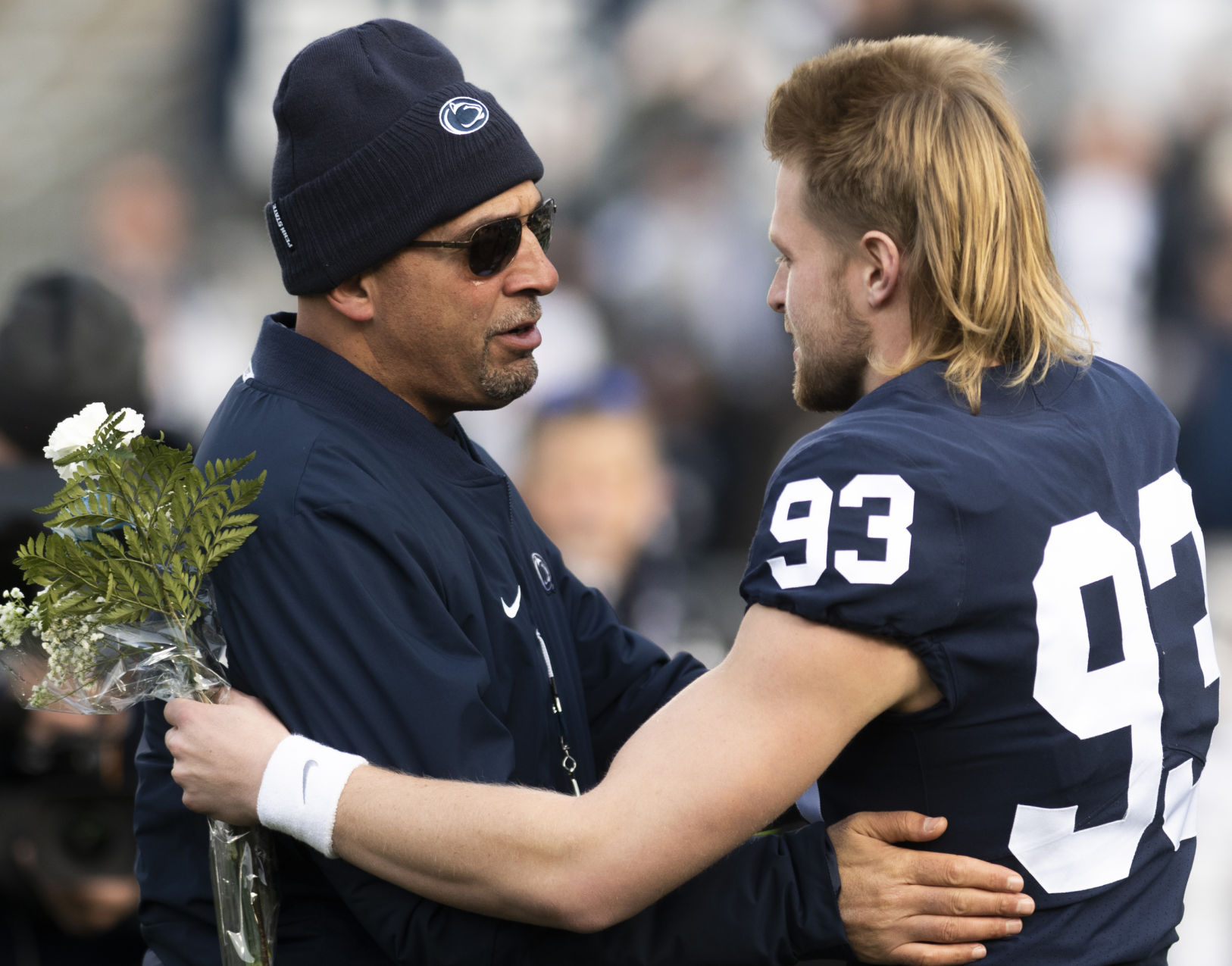 Football vs. Rutgers, Coach Franklin Hugs Gillikin (93)